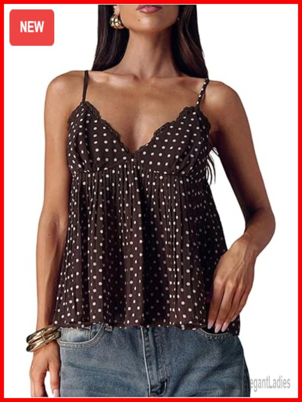 Chiffon Camisole with Lace V-Neck and Pleated Peplum Hem - Sleeveless Babydoll